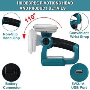 18W 2000LM Cordless LED Work Light Powered by Makita 14.4V 18V Lithium Ion Batteries BL1850 BL1840 BL1830 BL1820 YEX-BUR Outdoor Jobsite Lighting Spotlight FloodLight with 5V 2.1A USB Port