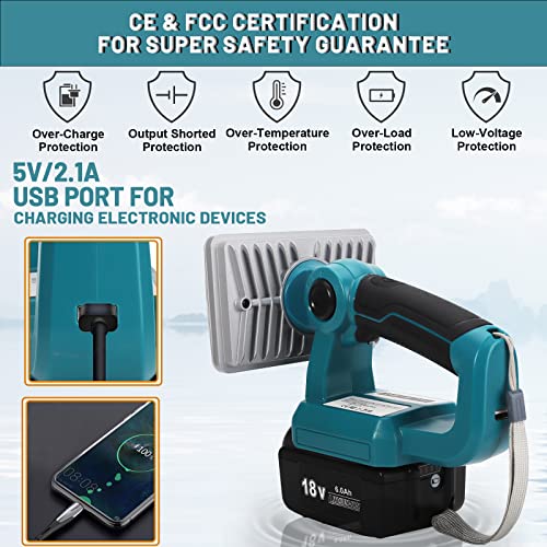 18W 2000LM Cordless LED Work Light Powered by Makita 14.4V 18V Lithium Ion Batteries BL1850 BL1840 BL1830 BL1820 YEX-BUR Outdoor Jobsite Lighting Spotlight FloodLight with 5V 2.1A USB Port