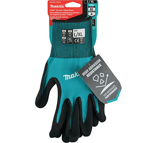 Makita Unisex FitknitÂ™ Makita T 04123 FitKnit Cut Level 1 Nitrile Coated Dipped Gloves Large X Large , Teal/Black, Large X-Large US