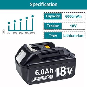 DTK 2Packs 6.0Ah Battery Replacement for Makita 18V Battery BL1860B BL1850B BL1840B BL1830B BL1820B