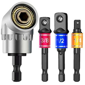 cigotu impact grade power hand tools driver sockets adapter extension set, 3pcs 1/4 3/8 1/2″ hex shank drill nut driver bit set + 105 degree right angle driver extension screwdriver drill attachment