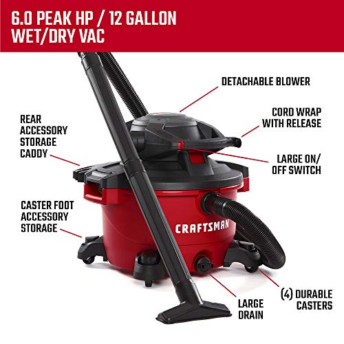 CRAFTSMAN CMXEVBE17606 12 Gallon 6 Peak HP Wet/Dry Vac with Detachable Leaf Blower, Portable Shop Vacuum with Attachments