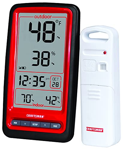 Craftsman Wireless Easy to Read Thermometer with Indoor and Outdoor Temperature & Humidity with Trend Arrows and Daily Date and Time (CMXWDCR01137), Red