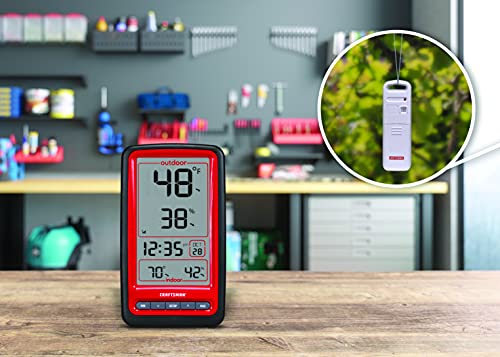 Craftsman Wireless Easy to Read Thermometer with Indoor and Outdoor Temperature & Humidity with Trend Arrows and Daily Date and Time (CMXWDCR01137), Red