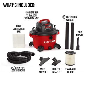 CMXEVBE17594 CRAFTSMAN 17594 12 Gallon 6 Peak HP Wet/Dry Vac, Portable Shop Vacuum with Attachments Red and Black