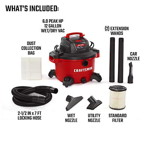 CMXEVBE17594 CRAFTSMAN 17594 12 Gallon 6 Peak HP Wet/Dry Vac, Portable Shop Vacuum with Attachments Red and Black