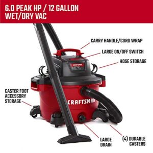 CMXEVBE17594 CRAFTSMAN 17594 12 Gallon 6 Peak HP Wet/Dry Vac, Portable Shop Vacuum with Attachments Red and Black