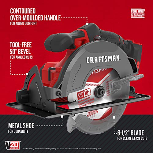 CRAFTSMAN V20* 6-1/2-Inch Cordless Circular Saw, Tool Only (CMCS500B)