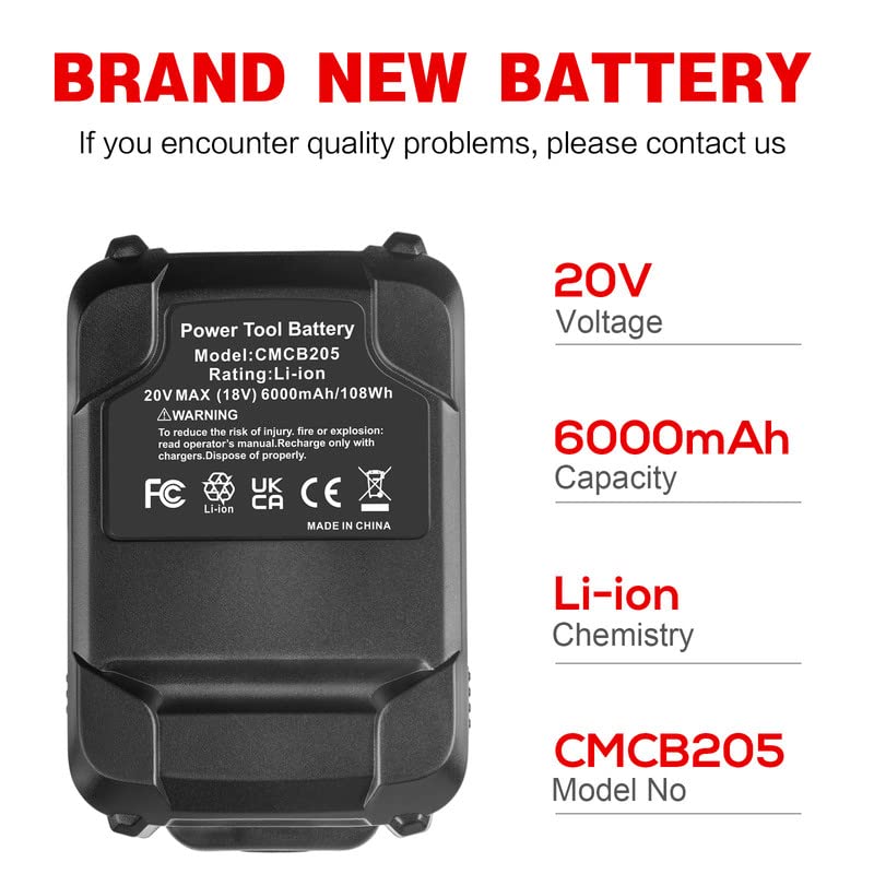 Fancy Buying 20V 6000mAh Lithium Battery Repalcement for Craftsman V20 Lithium Ion Battery CMCB202 CMCB202-2 CMCB204 CMCB204-2 CMCS500B CMCD700C1