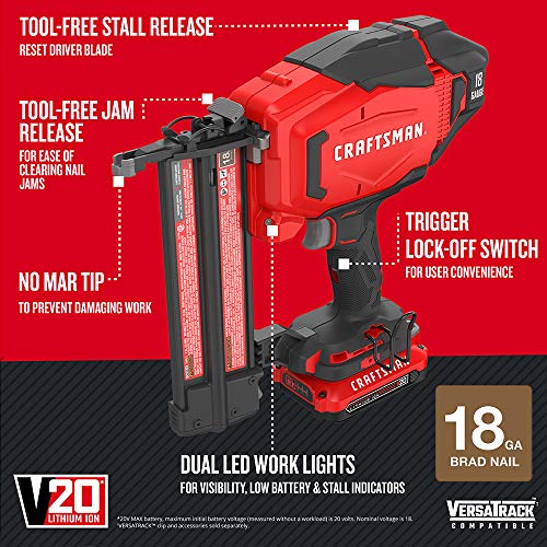 CRAFTSMAN V20 Cordless Brad Nailer Kit, 18GA (CMCN618C1)