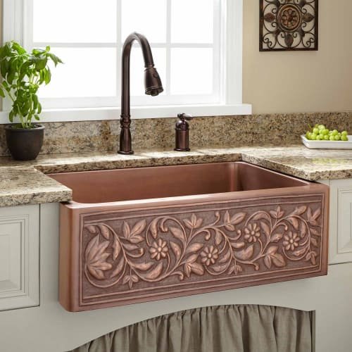 Signature Hardware 214146 30-1/8" Vine Design Farmhouse Single Basin Copper Kitchen Sink