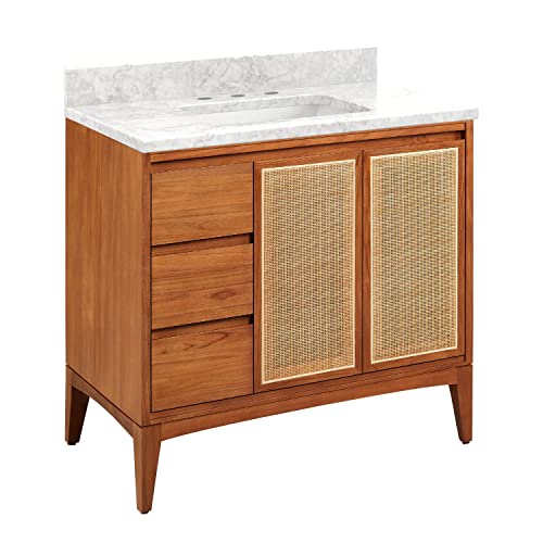 Signature Hardware 953674-36-RUMB-8 Simien 36" Single Vanity Set with Teak Cabinet, Vanity Top and Rectangular Undermount Sink - 8" Faucet Holes