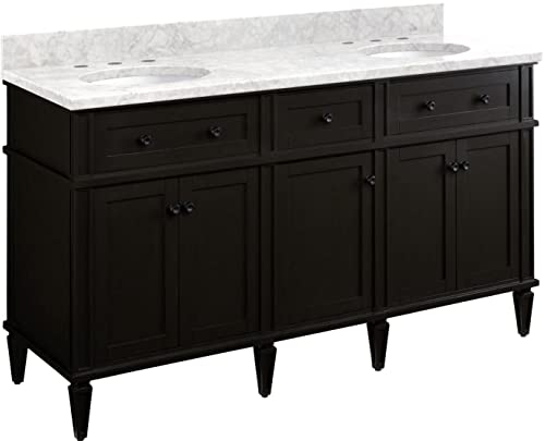 Signature Hardware 953349-60-UM-8 Elmdale 60" Free Standing Double Basin Vanity Set with Mahogany Cabinet, Wood Vanity Top, and Porcelain Undermount Sink - 8" Faucet Holes