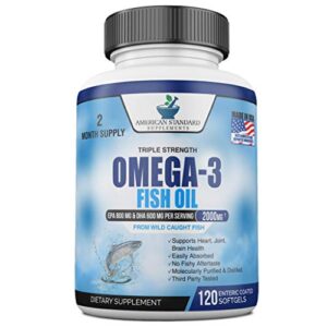american standard supplements triple strength omega-3 fish oil – ultra-potent non-gmo omega-3 supplement – 2,000mg fish oil, 800mg epa, 600mg dha for improved heart, joint, skin health – 120 softgels