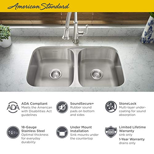 American Standard 18DB6311800S.075 Portsmouth 32" x 18" ADA Double Bowl Stainless Steel Kitchen Sink