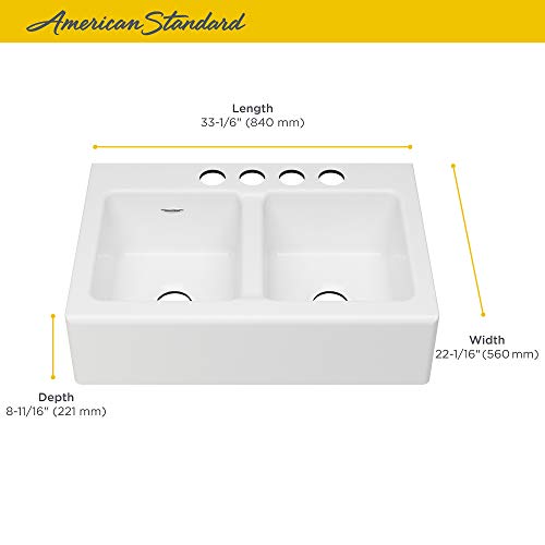 American Standard 77DB33220A.308 Delancey 33x22 Double Bowl Cast Iron Apron Front Kitchen Sink, 33 x 22 inch, Brilliant White