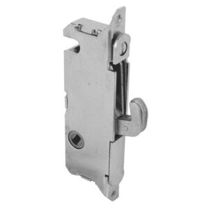 prime-line e 2199 stainless steel mortise lock – adjustable, spring-loaded hook latch projection for sliding patio doors constructed of wood, aluminum and vinyl, 3-11/16”, 45 degree keyway, round face, silver