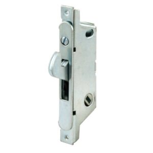 prime-line e 2121 mortise lock – adjustable, spring-loaded hook latch projection for sliding patio doors constructed of wood, aluminum and vinyl, 3-11/16”, 45 degree keyway, round face , zinc