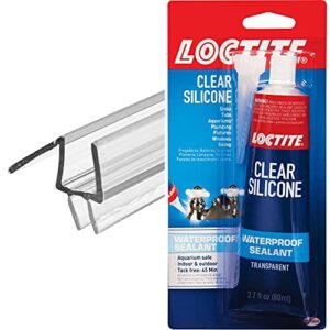 prime-line m 6258 frameless shower door bottom seal – stop shower leaks and create a water barrier (3/8” x 36”, clear vinyl) & loctite 908570 2.7 oz tub clear silicone waterproof sealant, single tube