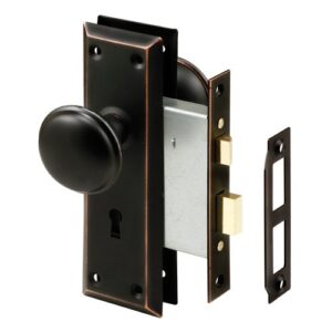 PRIME-LINE E 2495 Mortise Keyed Lock Set (Classic Bronze) & Defender Security E 2499 Door Knob Set with Spindle, Oil Rubbed Bronze (Single Pack)