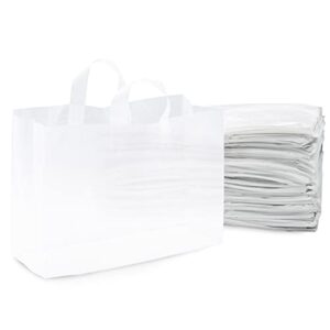 prime line packaging – 16x6x12 inch 50 pack plastic bags with handles, shopping bags for small business, large clear frosted white in bulk for boutiques, retail stores, merchandise & gifts