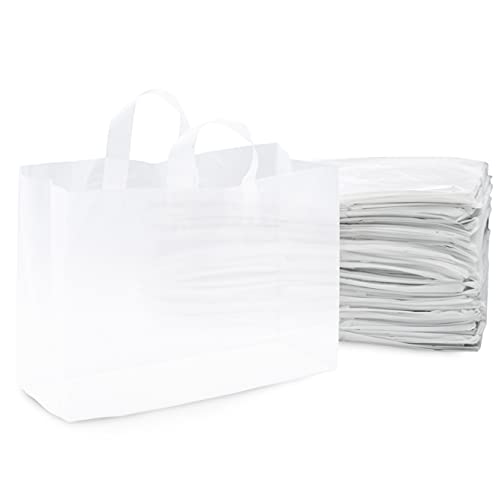 Prime Line Packaging - 16x6x12 Inch 50 Pack Plastic Bags with Handles, Shopping Bags for Small Business, Large Clear Frosted White in Bulk for Boutiques, Retail Stores, Merchandise & Gifts