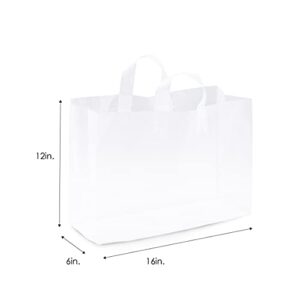 Prime Line Packaging - 16x6x12 Inch 50 Pack Plastic Bags with Handles, Shopping Bags for Small Business, Large Clear Frosted White in Bulk for Boutiques, Retail Stores, Merchandise & Gifts