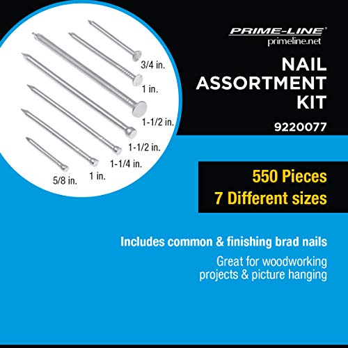 Prime-Line 9220077 Nail Assortment Kit. Plastic Compartment Box Includes Common, Finishing, Brad and Picture Hanging Nails. Zinc Finish. (550 Count), 9220077