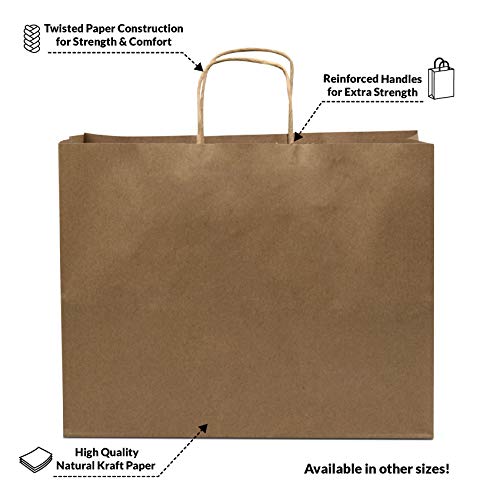 Prime Line Packaging - 16x6x12 Inch 50 Pack Brown Paper Bags with Handles, Large Gift Bags, Kraft Shopping Bags in Bulk for Boutiques, Small Business, Retail Stores, Gifts & Merchandise