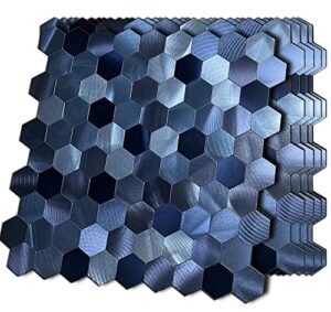 xuaniny 5-metal peel and stick backsplash tiles, aluminum mosaic sticker for kitchen wall decor hexagon design frosted 3d wall sticker(11.02″x11.5″) (dark blue)