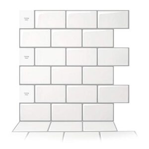 art3d 10-sheet peel and stick backsplash, 12 in. x 12 in. subway 3d wall panels, mono white with gray grout