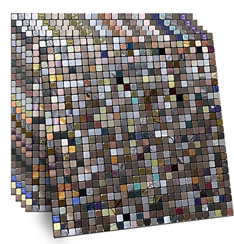 YMMXGE Peel and Stick Metal Backsplash Tile Stick on Kitchen 3D Wall Decor Aluminum Mosaic Tiles for Bathroom, 11.81"x11.81"x0.15" (5,Silver Gold Copper Mixed)