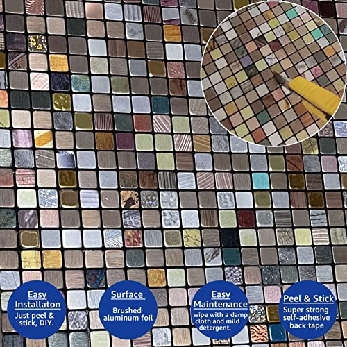 YMMXGE Peel and Stick Metal Backsplash Tile Stick on Kitchen 3D Wall Decor Aluminum Mosaic Tiles for Bathroom, 11.81"x11.81"x0.15" (5,Silver Gold Copper Mixed)