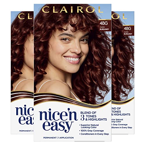 Clairol Nice'n Easy Permanent Hair Dye, 4BG Dark Burgundy Hair Color, Pack of 3