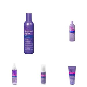 clairol professional care & styling, shimmer lights purple shampoo & conditioner, 8 fl. oz | toning mask, 200ml | leave-in styling treatment 5.1oz | thermal shine spray 4.9oz | neutralizes hair tones
