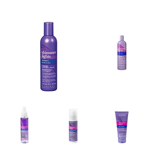 Clairol Professional Care & Styling, Shimmer Lights Purple Shampoo & Conditioner, 8 fl. Oz | Toning Mask, 200ml | Leave-in Styling Treatment 5.1oz | Thermal Shine Spray 4.9oz | Neutralizes Hair tones