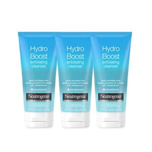 neutrogena hydro boost gentle exfoliating daily facial cleanser with hyaluronic acid, clinically proven to increase skin’s hydration level, non-comedogenic oil-, soap- & paraben-free, 3 x 5 oz