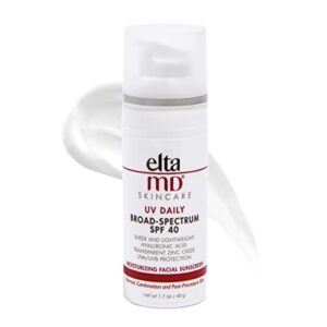eltamd uv daily spf 40 sunscreen moisturizer face lotion, sunscreen moisturizer with hyaluronic acid, broad spectrum hydrating sunscreen lotion, non greasy, sheer, zinc oxide formula, 1.7 oz pump