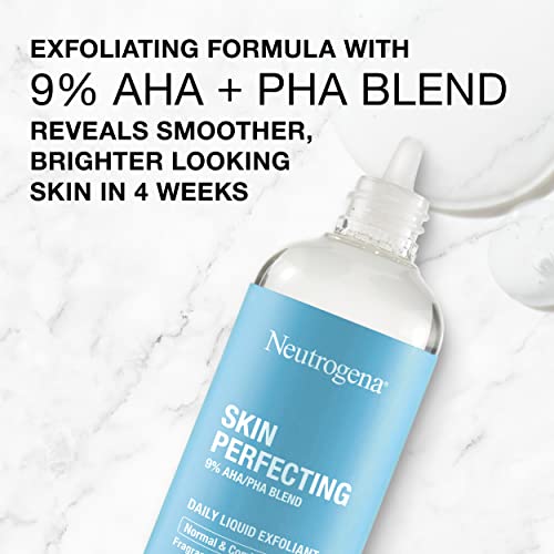 Neutrogena Skin Perfecting Daily Liquid Facial Exfoliant with 9% AHA/PHA Blend for Normal & Combination Skin, Smoothing & Brightening Leave-On Exfoliator, Oil- & Fragrance-Free, 4 fl. oz