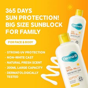 Derma B Everday Sun Block Sunscreen SPF 50+ PA++++ 6.71 Fl Oz, 200ml | Big Size SPF Moisturizer | Facial Body Sunblock | Korean Sunscreen Lotion