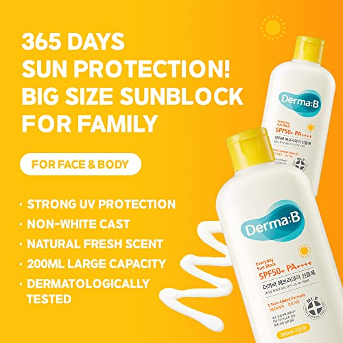 Derma B Everday Sun Block Sunscreen SPF 50+ PA++++ 6.71 Fl Oz, 200ml | Big Size SPF Moisturizer | Facial Body Sunblock | Korean Sunscreen Lotion