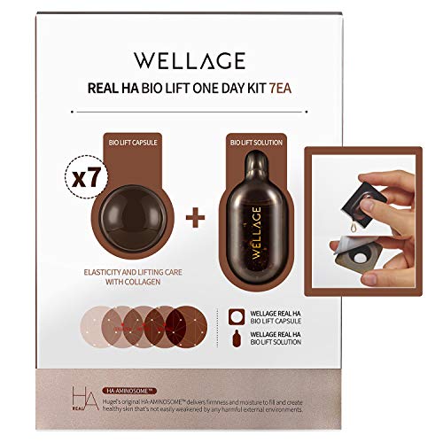 WELLAGE Real HA Bio Lift One Day Kit 7ea, Anti-Aging Serum with Concentrated Collagen, Bouncy and Firm Skin, High Nourishing Formula with 24K Gold and Peptides, Golden Ray for Aging and Loose Skin