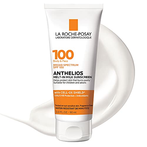 La Roche-Posay Anthelios Melt-in Milk Body & Face Sunscreen Lotion Broad Spectrum SPF 100, Oxybenzone & Octinoxate Free, Sunscreen for Kids, Adults & Sun Sensitive Skin, Unscented, 3 Fl oz