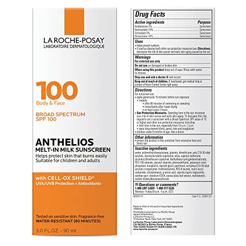 La Roche-Posay Anthelios Melt-in Milk Body & Face Sunscreen Lotion Broad Spectrum SPF 100, Oxybenzone & Octinoxate Free, Sunscreen for Kids, Adults & Sun Sensitive Skin, Unscented, 3 Fl oz