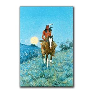 frederic remington prints indian canvas wall art native american painting retro poster vintage chief riding horse picture old west decor for living room (16×24 inch framed,j)