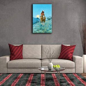 Frederic Remington Prints Indian Canvas Wall Art Native American Painting Retro Poster Vintage Chief Riding Horse Picture Old West Decor for Living Room (16x24 inch Framed,J)