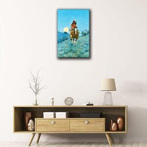 Frederic Remington Prints Indian Canvas Wall Art Native American Painting Retro Poster Vintage Chief Riding Horse Picture Old West Decor for Living Room (16x24 inch Framed,J)