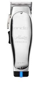 andis 12470 professional master corded/cordless hair & beard trimmer, adjustable carbon steel blade hair clipper for close cutting, chrome, silver – 5 piece set