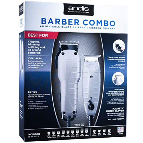 Andis Barber Combo-Powerful High-speed adjustable clipper blade & T-Outliner T-blade trimmer with fine teeth for dry shaving, outlining and fading With a BeauWis Blade Brush Included