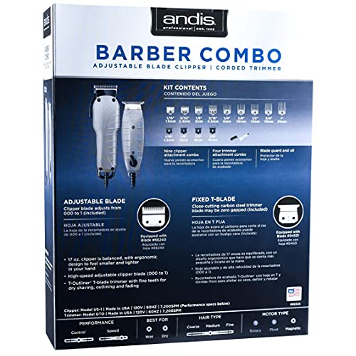 Andis Barber Combo-Powerful High-speed adjustable clipper blade & T-Outliner T-blade trimmer with fine teeth for dry shaving, outlining and fading Bundled with KEPSE Neck Duster